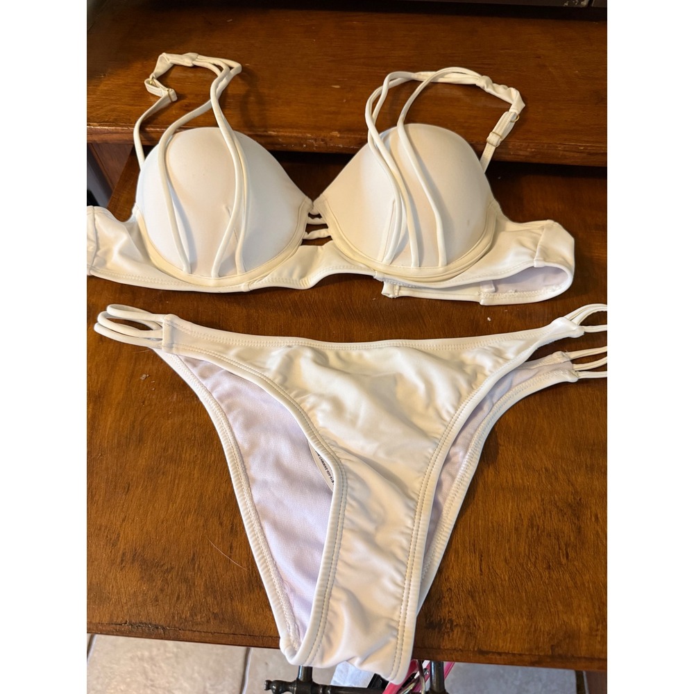 Adore Me White Strappy Push Up Bikini Set Underwire Cage Top Ruched Bottoms L